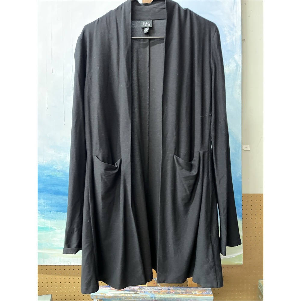 eileen fisher black open long cardigan sweater Pockets Medium